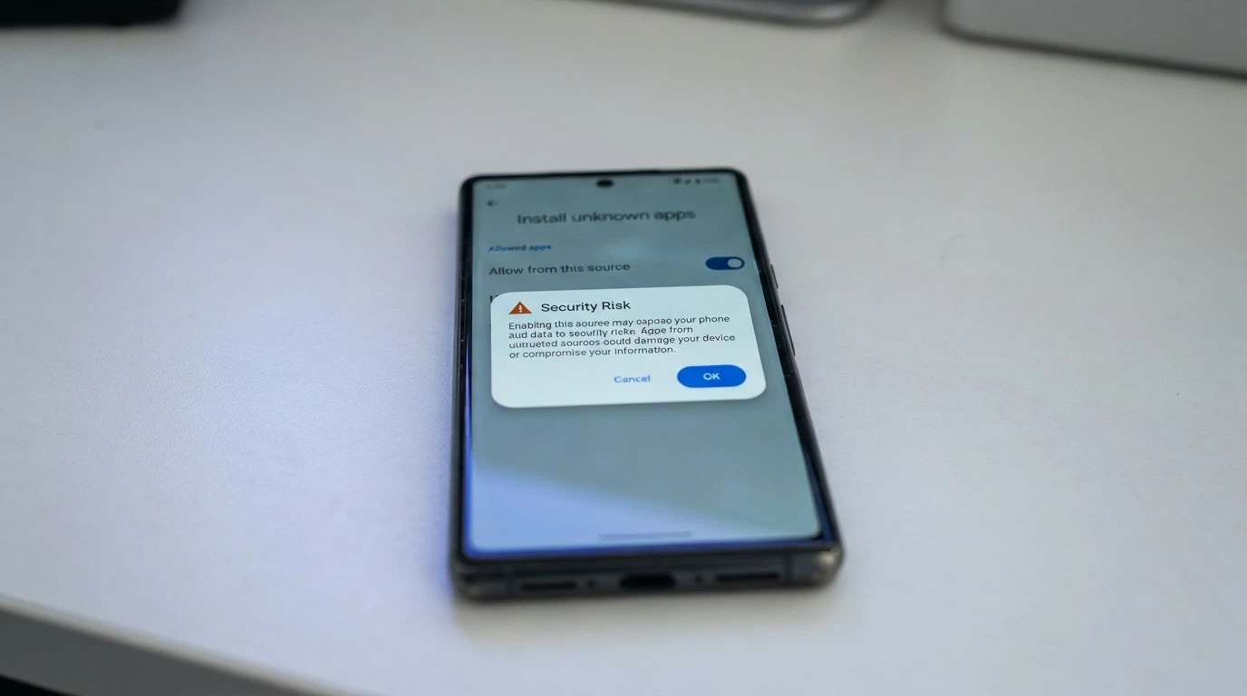 An Android phone screen showing the “Install unknown apps” settings toggle with a warning dialogue visible