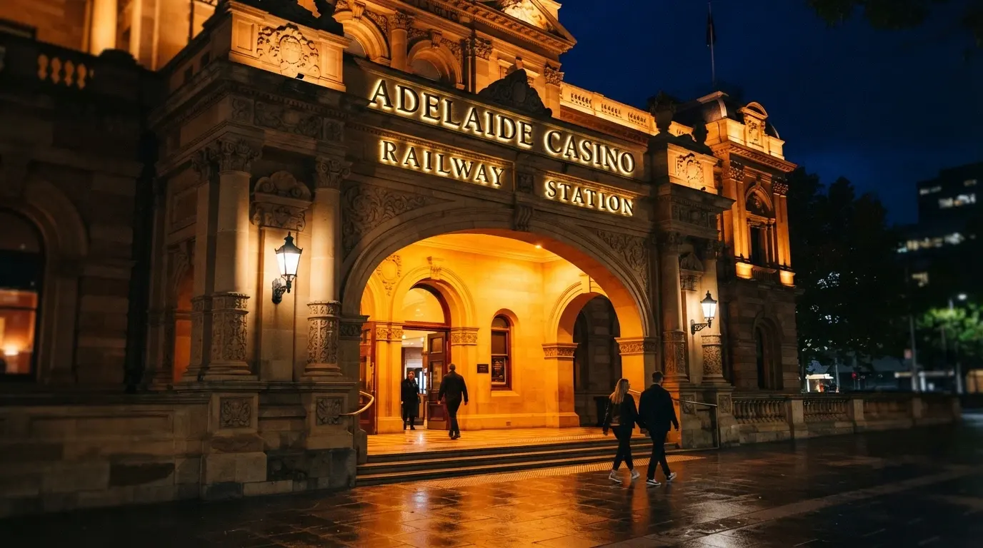 The North Terrace entrance to SkyCity Adelaide at night, with the casino signage illuminated against the heritage stonework