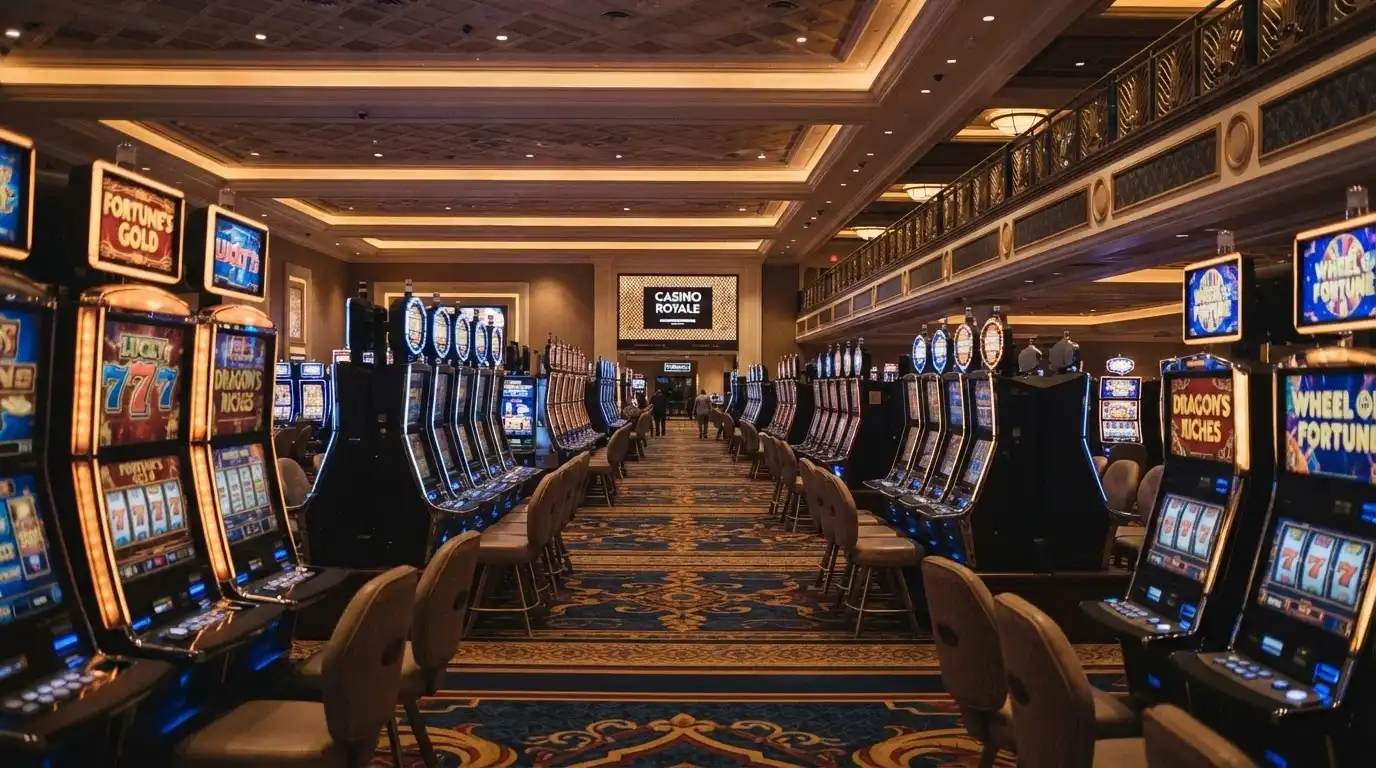 Rows of gaming machines spread across the main gaming floor under warm lighting, with digital displays active and the mezzanine level visible above