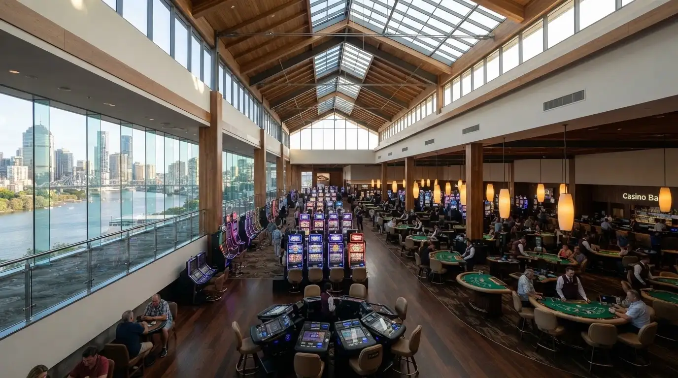 An open-plan casino floor with high ceilings, natural light, gaming tables and poker machines arranged beneath balconies overlooking the Brisbane River