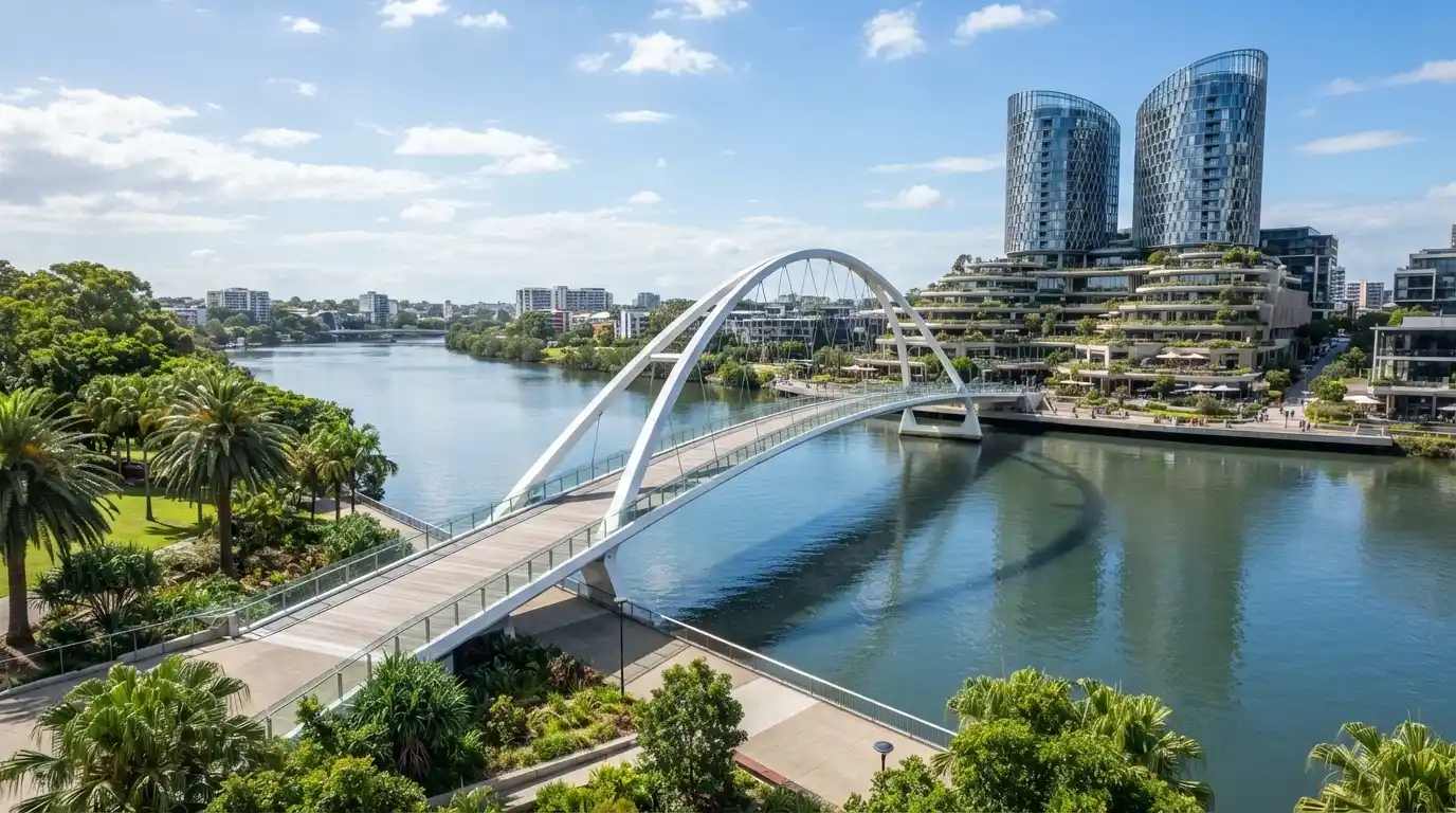 The Neville Bonner Bridge pedestrian link from South Bank to The Star Brisbane, with the casino towers and river behind