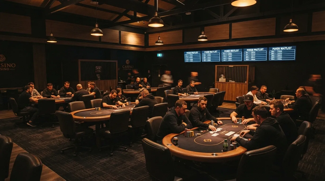 The Star Poker Brisbane's dedicated poker room with eight-handed tables, digital waitlist screens and tournament tables under warm lighting