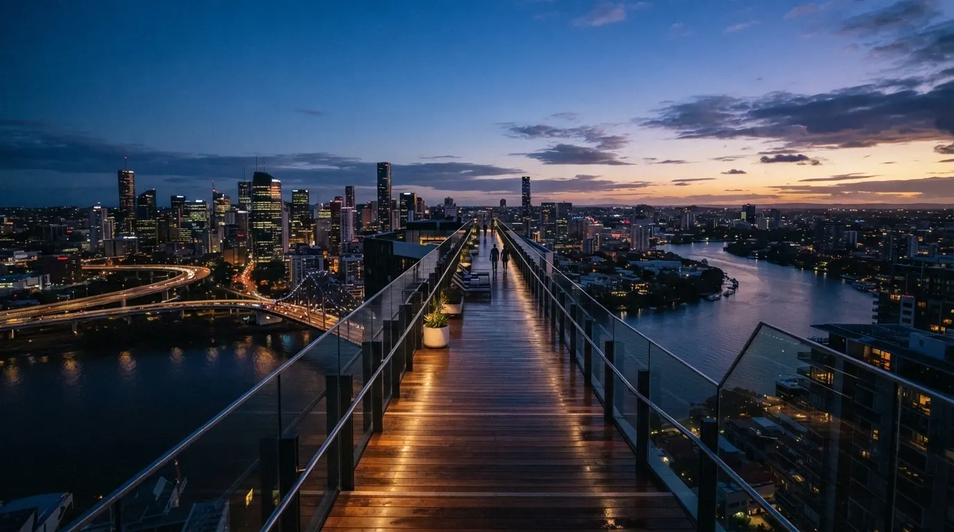 The Star's 250-metre-long Sky Deck soaring 100 metres above the Brisbane River at twilight, with city skyline on both sides