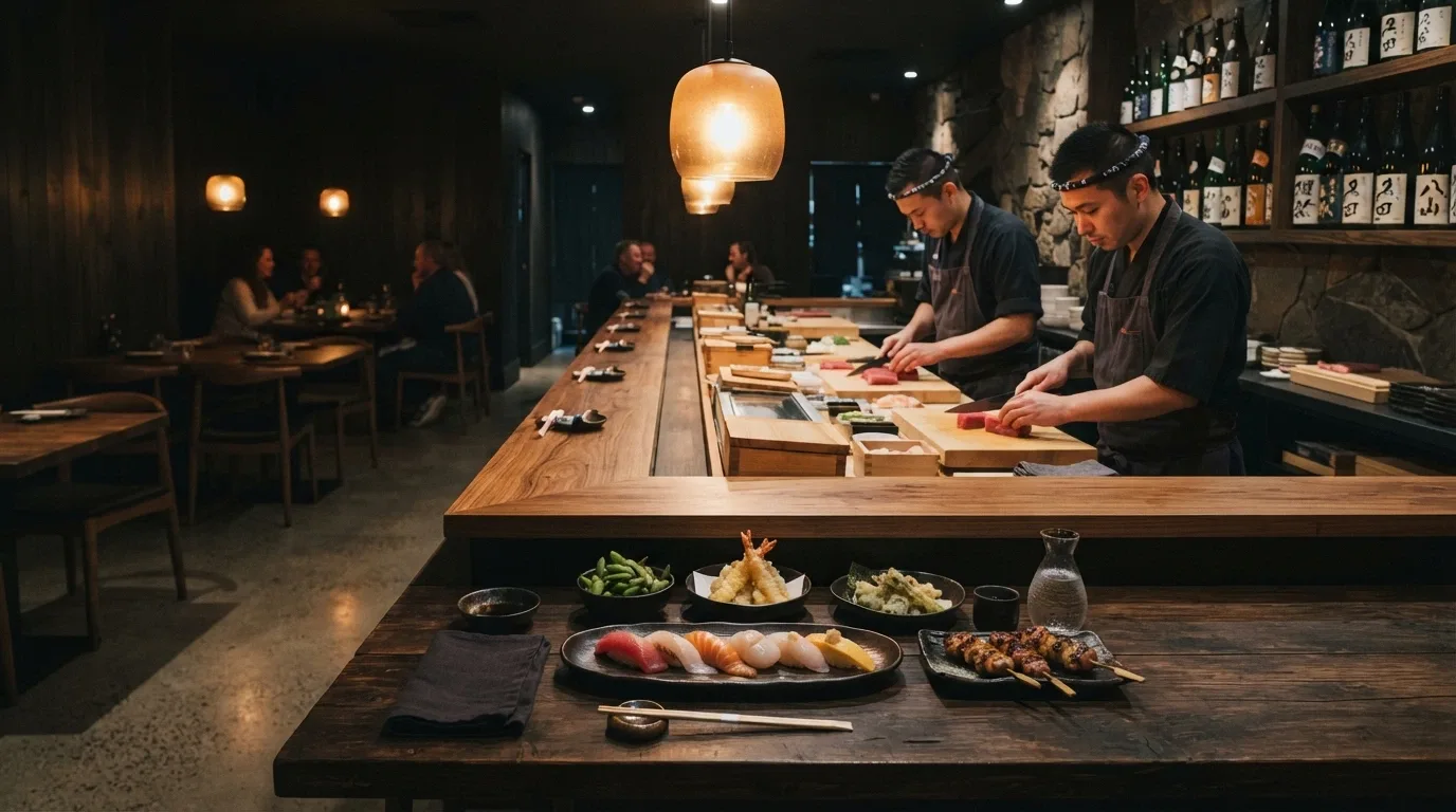 Sokyo's Japanese dining room at The Star Brisbane with a sushi counter, mood lighting and plated dishes