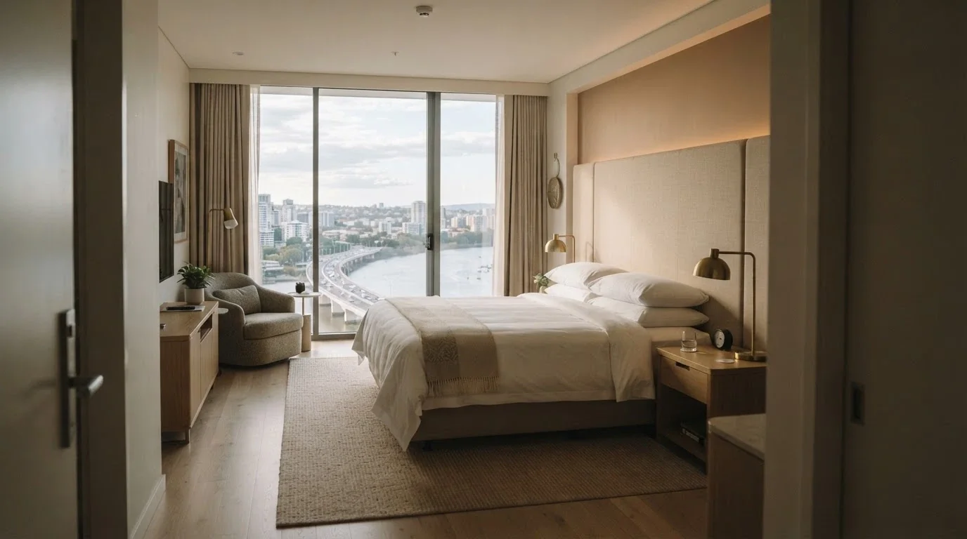 A premium hotel room at The Star Grand Brisbane with floor-to-ceiling windows, a king bed and Brisbane River views
