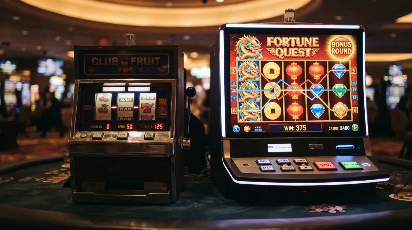 Side-by-side comparison of a classic 3-reel pokie with a single payline and a modern 5-reel video pokie with multiple paylines