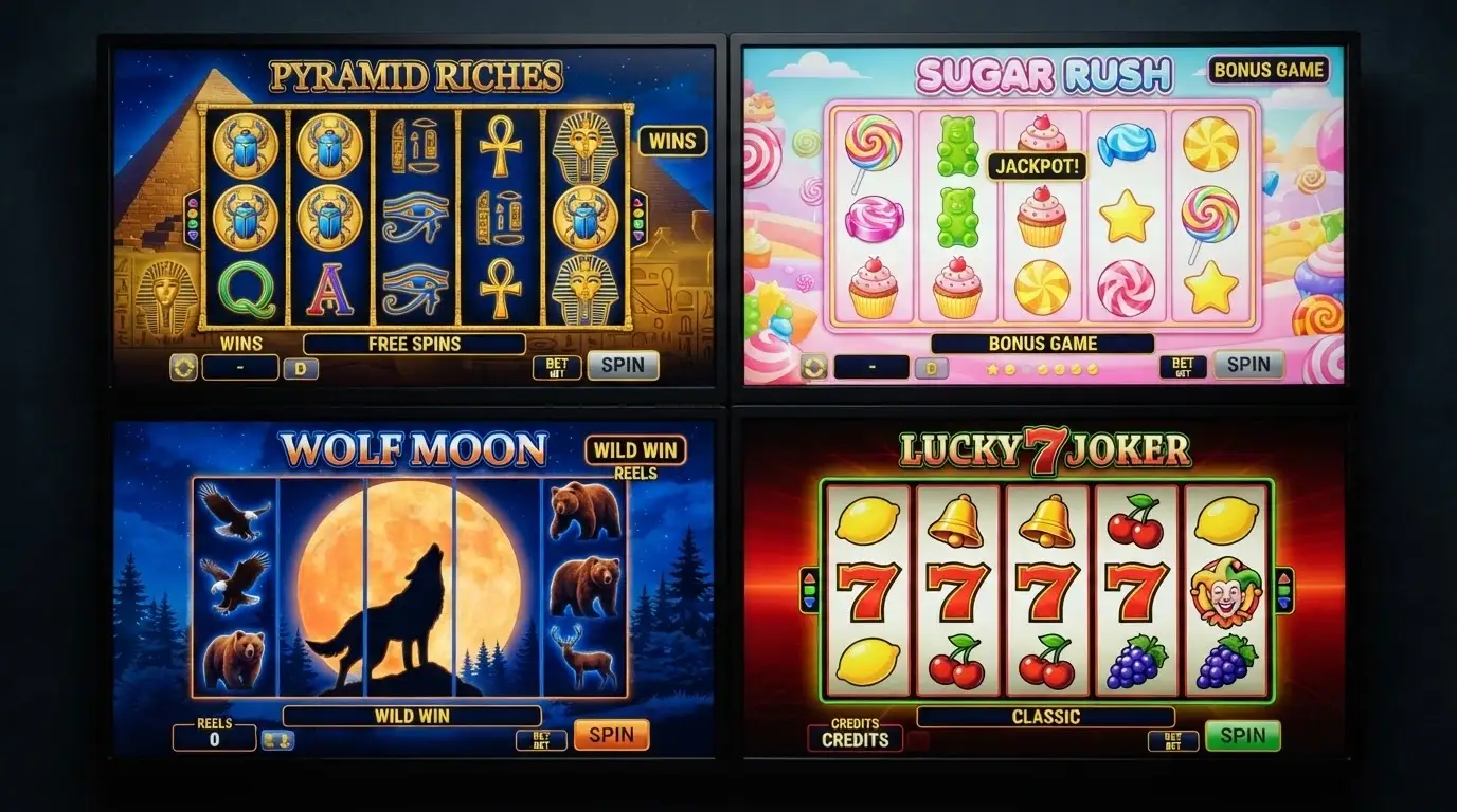 A grid of title screens from popular 5-reel pokies including Book of Dead, Sweet Bonanza, Wolf Gold and Mega Joker