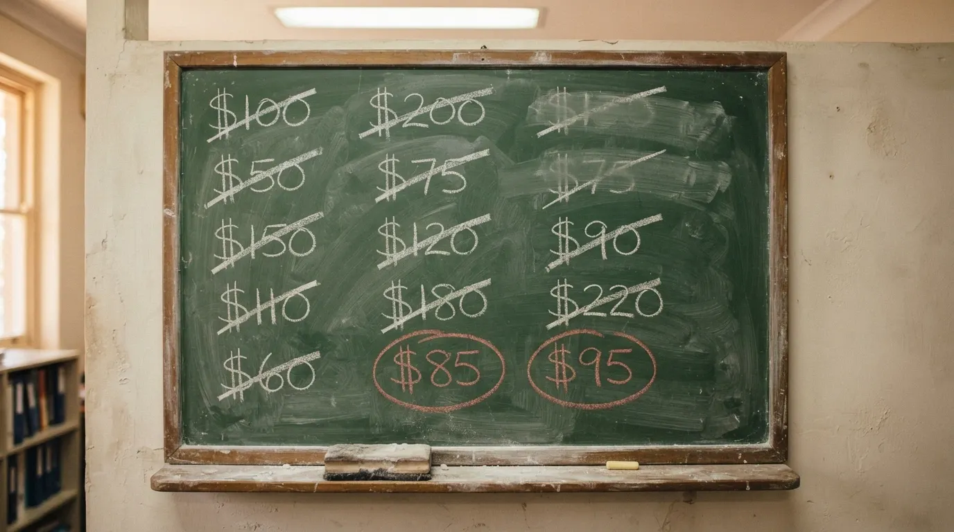 A half-erased chalkboard listing casino bonus amounts, most crossed out with only two small figures remaining, a red circle around the surviving entries