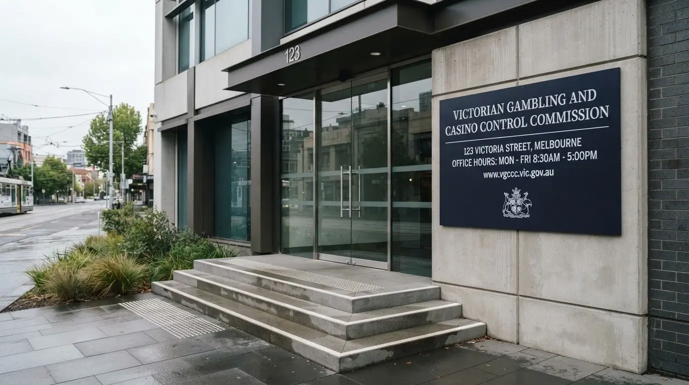 The exterior signage of the Victorian Gambling and Casino Control Commission office in Melbourne