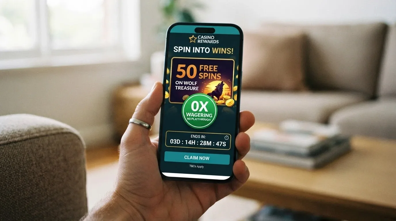 A smartphone showing a casino free-spins promotion screen with a bold “0x Wagering” badge and a countdown expiry timer