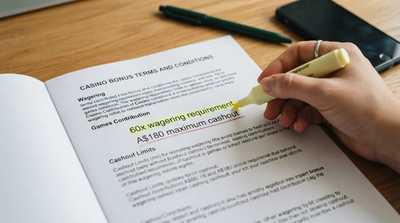 A close-up of casino bonus terms text with a yellow highlighter marking “60x wagering requirement” and a red underline beneath “Max cashout: A$180.”