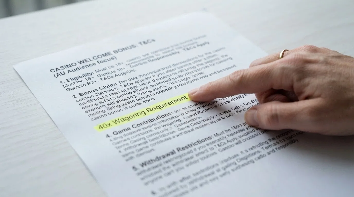 A close-up of bonus terms and conditions text on a casino promotions page, with the “40x wagering requirement” line highlighted