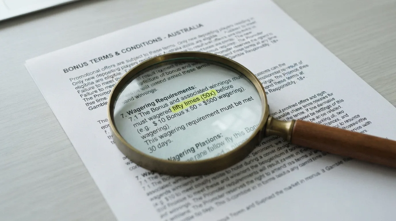 A magnifying glass held over a casino bonus-terms page, with the wagering-multiple clause highlighted